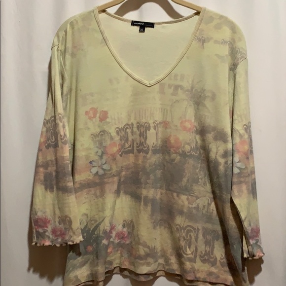 ONE WORLD Tops - ONE WORLD PALE SAGE/PINK SZ XL V NECK TEE COT/POLY